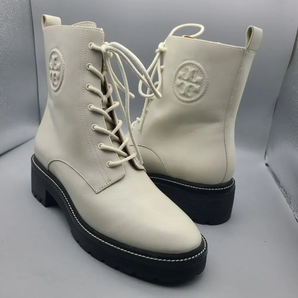 Tory Burch Boots Ivory Miller 50mm Lug Sole Bootie Lace Up Combat Size 10.5 New